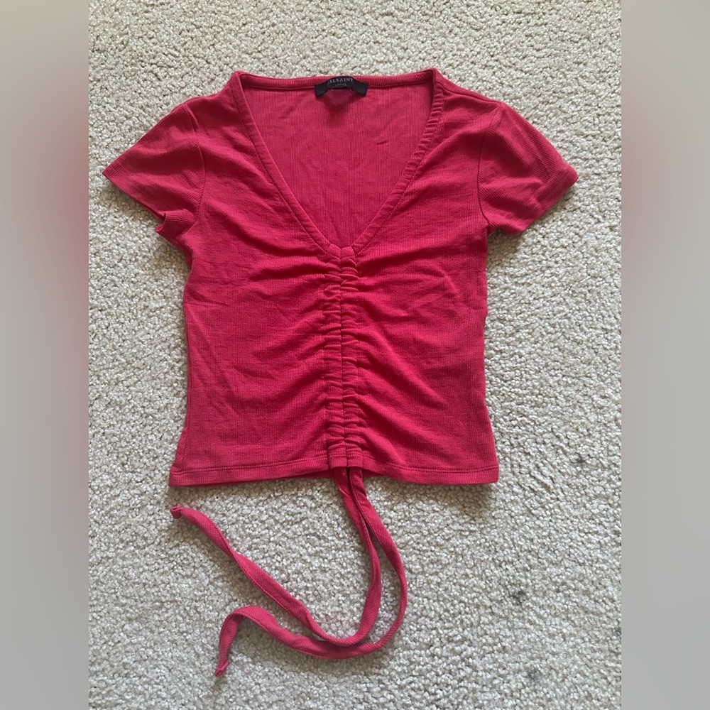 All Saints Deep Pink Ruched V-Neck Tee